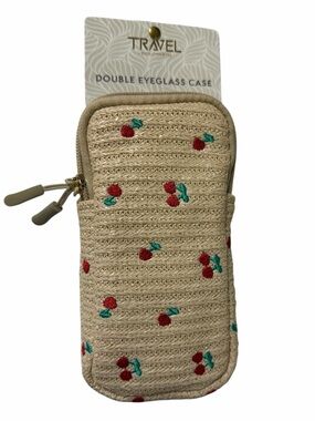 🍒Adorable Double Eyeglass Case Beige with Cherry Embroidery. New with Tags.